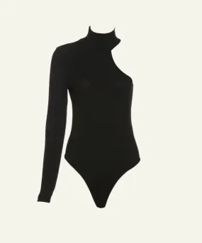 Asymmetric Ribbed Knit One Shoulder Long Sleeve Bodysuit