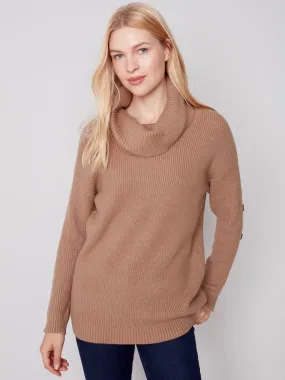 Cowl Neck Sweater with Button Detail - Truffle