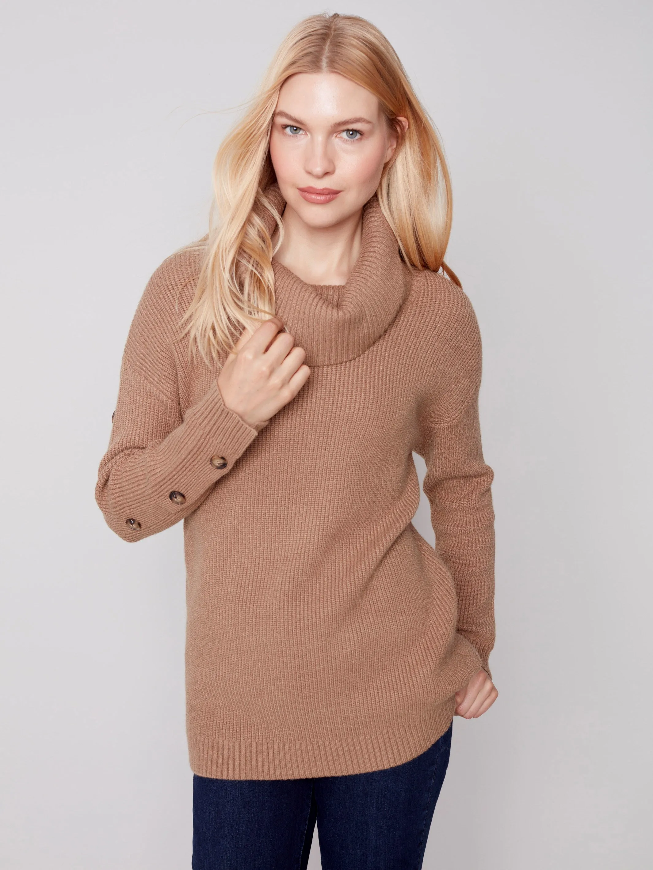 Cowl Neck Sweater with Button Detail - Truffle