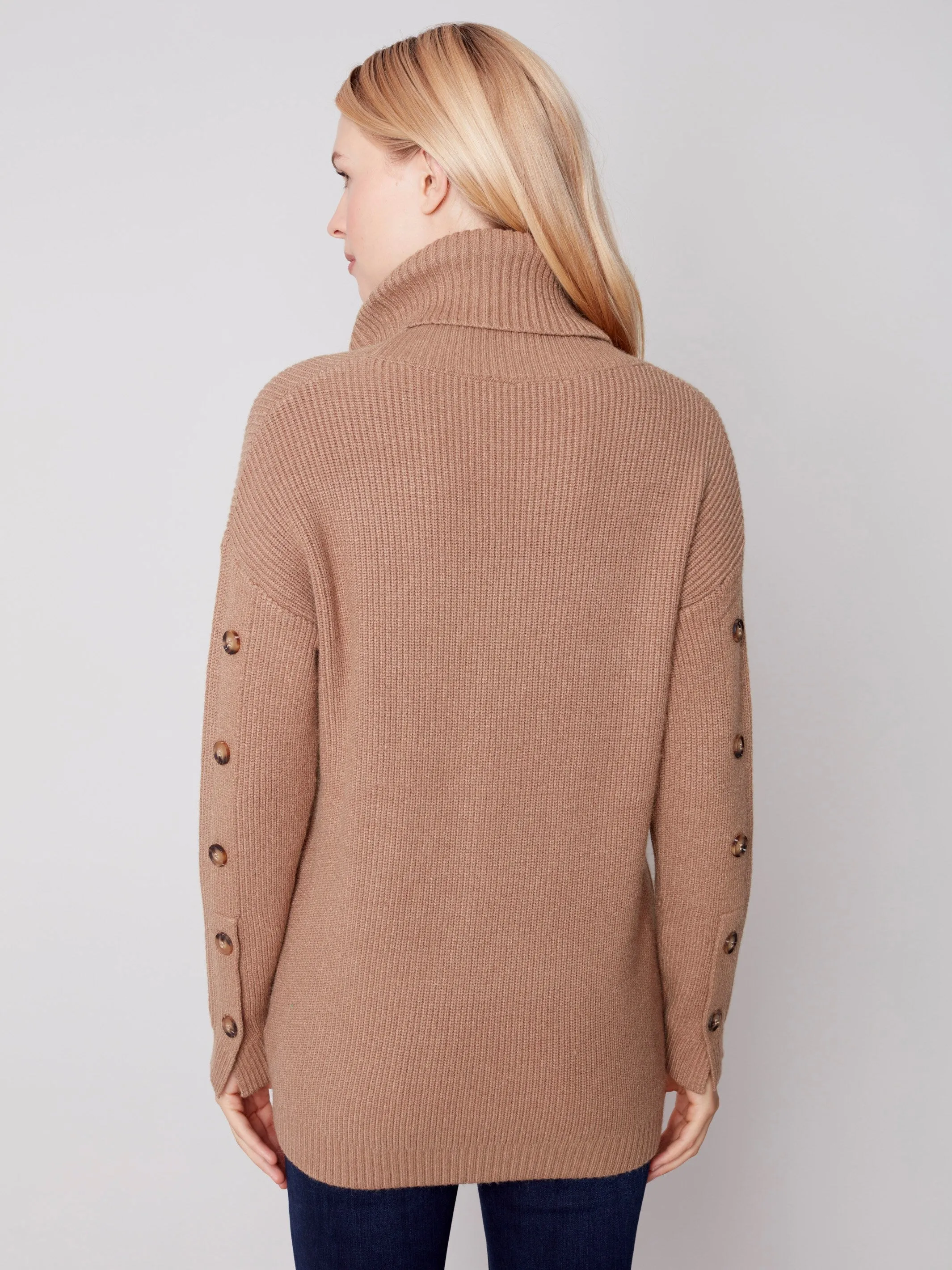 Cowl Neck Sweater with Button Detail - Truffle