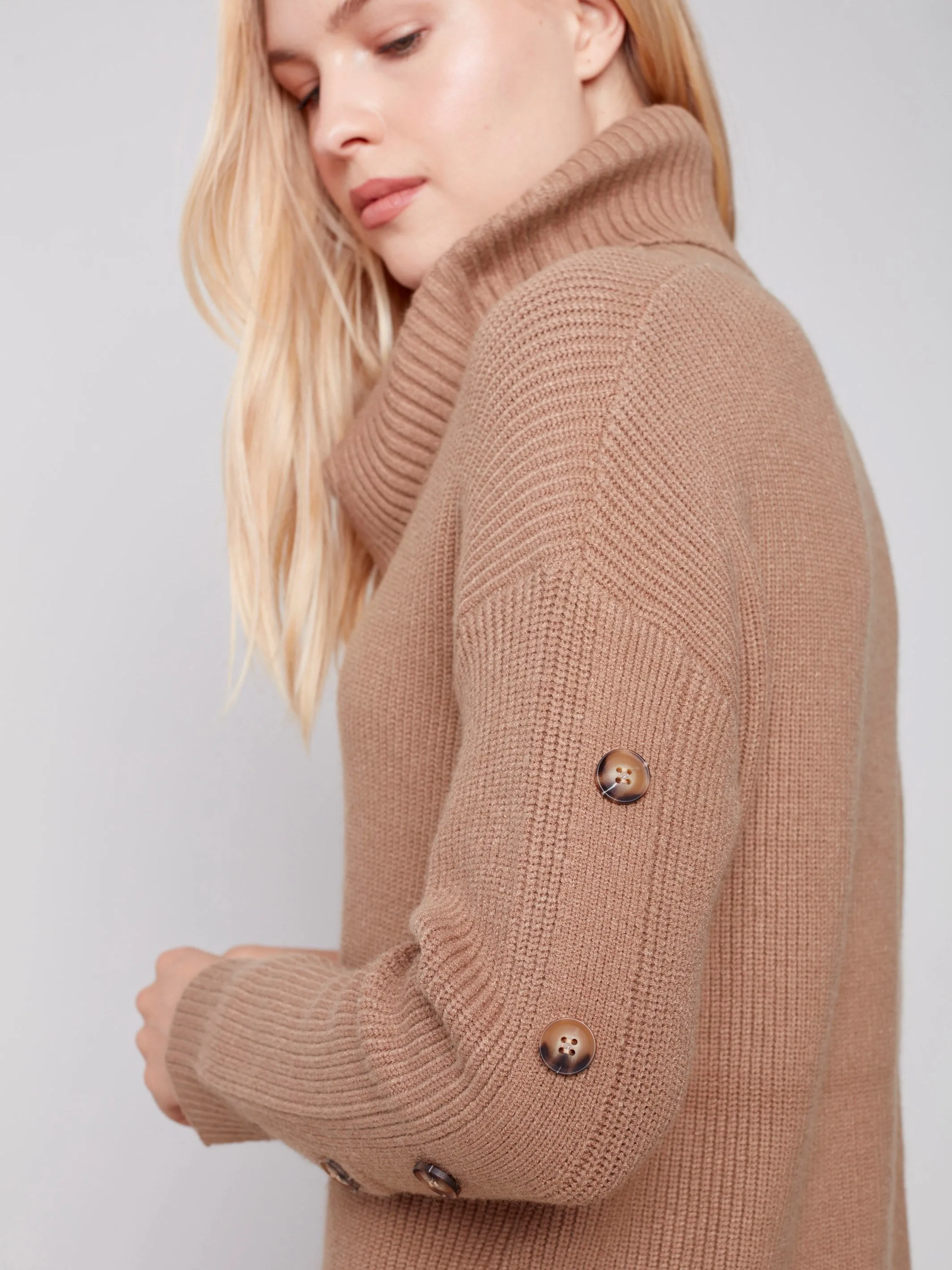 Cowl Neck Sweater with Button Detail - Truffle