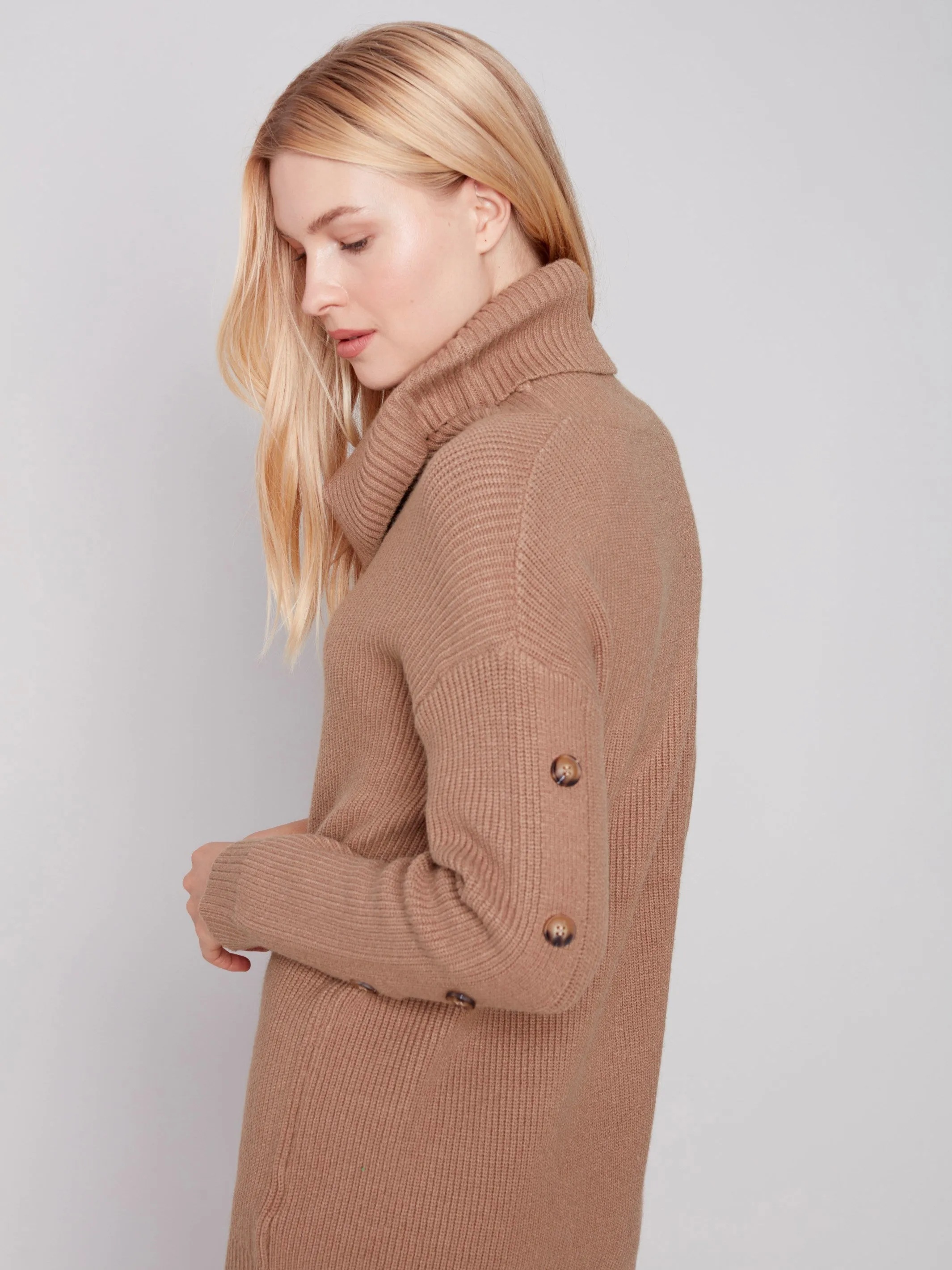 Cowl Neck Sweater with Button Detail - Truffle
