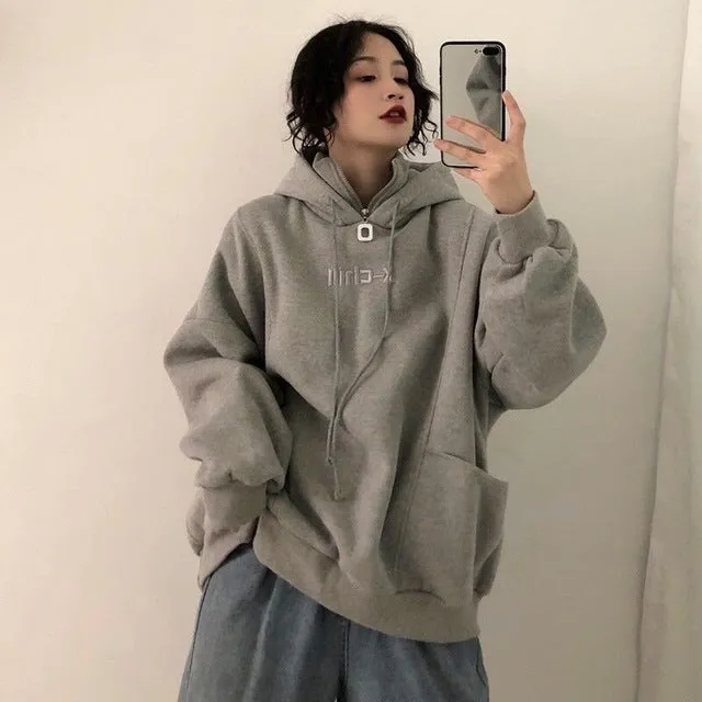 Hoodies Women Hooded Plus Velvet Thicker Long Sleeve Oversize Letter Embroidered Womens Hoodie Harajuku Korean Style Trendy Chic