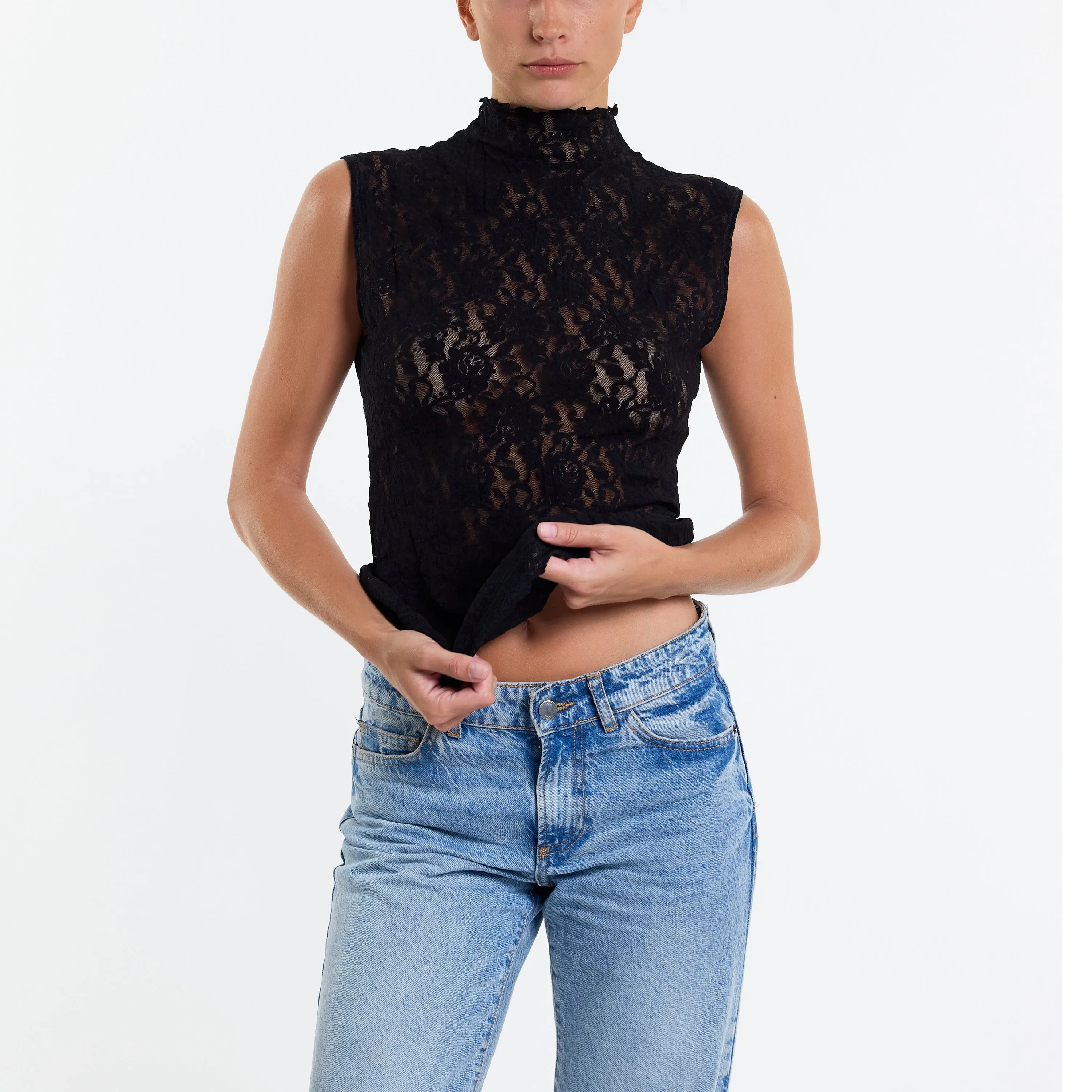 Signature Lace Mock Neck Top Black Sale