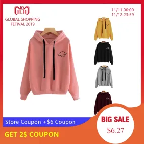 WENYUJH Women Hoodies Casual Kpop Planet Print Solid Loose Drawstring Sweatshirt Long Sleeve Hooded 2019 Autumn Female Pullover
