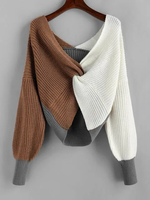 ZAFUL Cotton Sweater Women Pull Femme Plunge Color Blocking Twist Sweater 2019 Winter Pullovers Warm Loose Oversized Sweater
