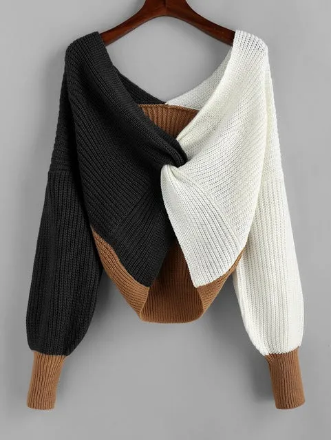 ZAFUL Cotton Sweater Women Pull Femme Plunge Color Blocking Twist Sweater 2019 Winter Pullovers Warm Loose Oversized Sweater