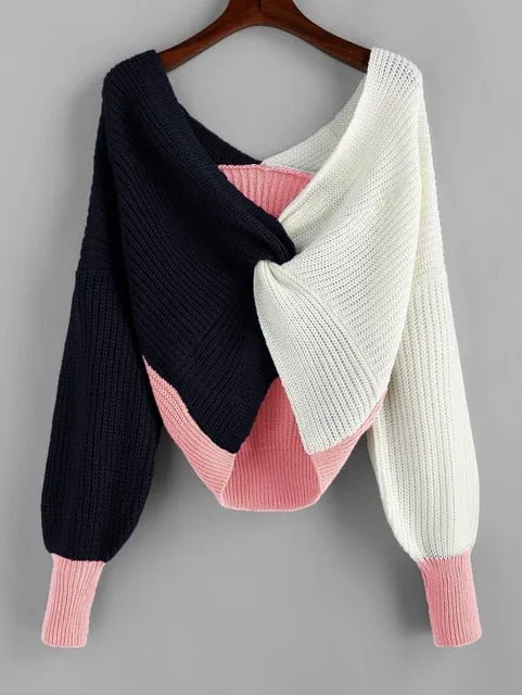 ZAFUL Cotton Sweater Women Pull Femme Plunge Color Blocking Twist Sweater 2019 Winter Pullovers Warm Loose Oversized Sweater
