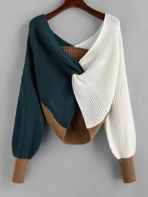 ZAFUL Cotton Sweater Women Pull Femme Plunge Color Blocking Twist Sweater 2019 Winter Pullovers Warm Loose Oversized Sweater