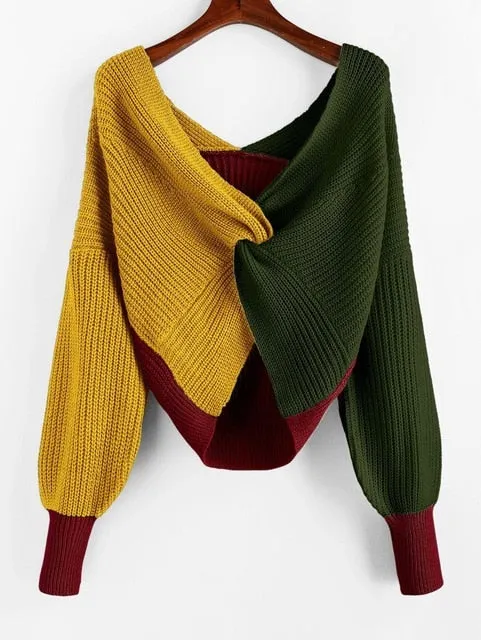 ZAFUL Cotton Sweater Women Pull Femme Plunge Color Blocking Twist Sweater 2019 Winter Pullovers Warm Loose Oversized Sweater