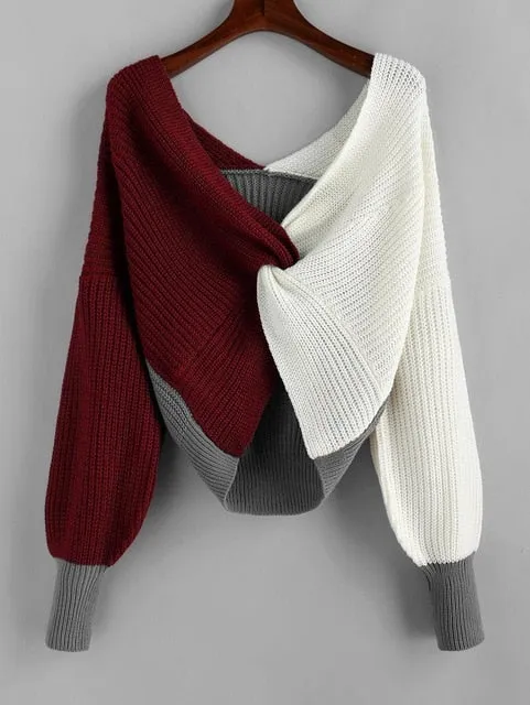 ZAFUL Cotton Sweater Women Pull Femme Plunge Color Blocking Twist Sweater 2019 Winter Pullovers Warm Loose Oversized Sweater