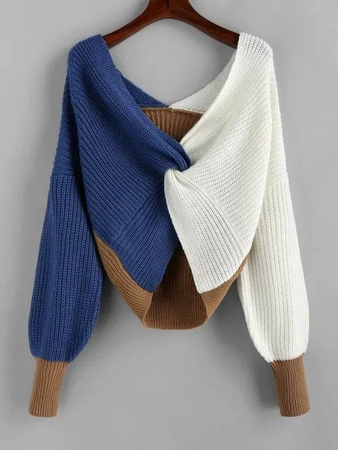 ZAFUL Cotton Sweater Women Pull Femme Plunge Color Blocking Twist Sweater 2019 Winter Pullovers Warm Loose Oversized Sweater